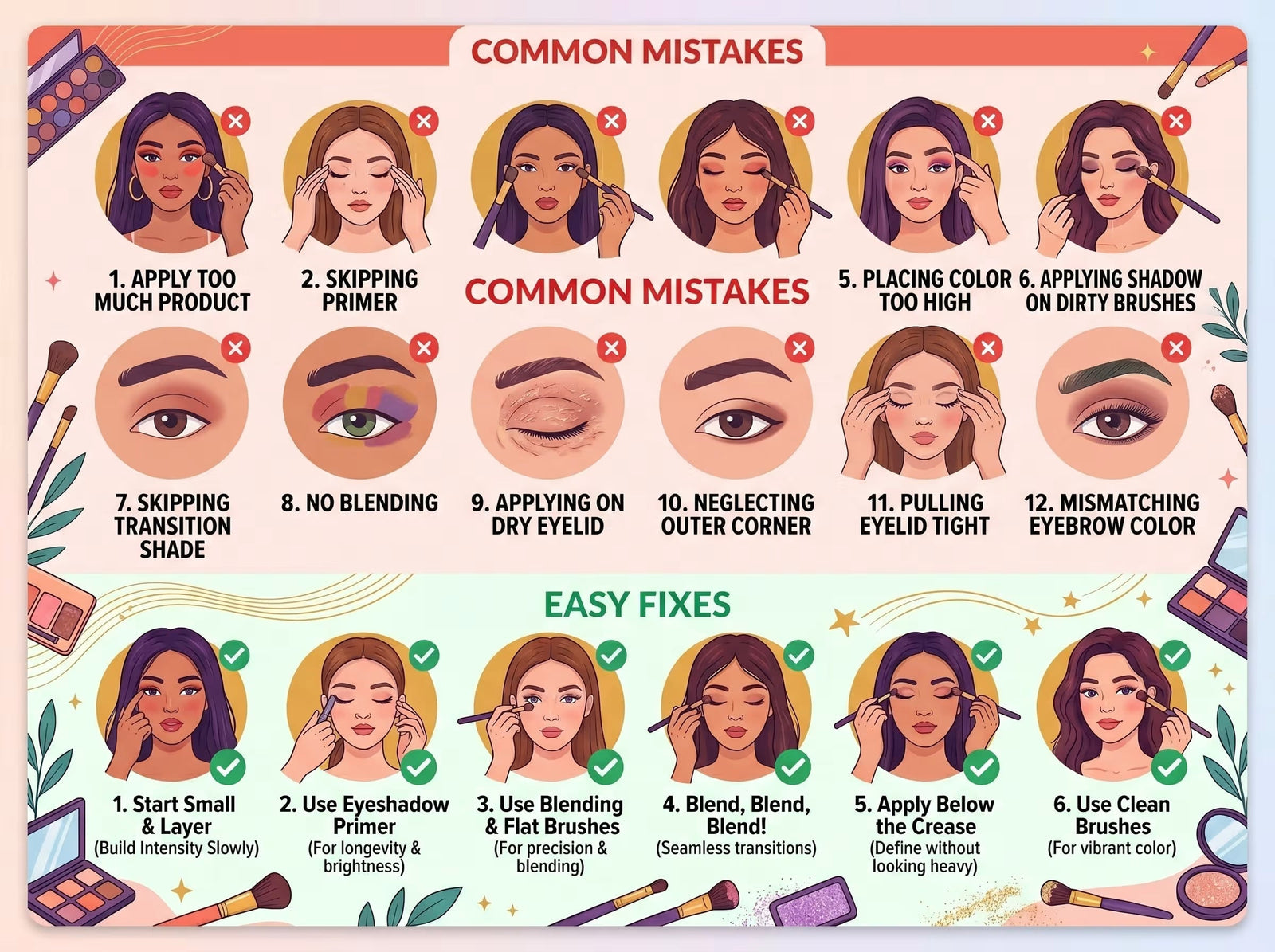 collage images showing common mistake often people do while applying makeup