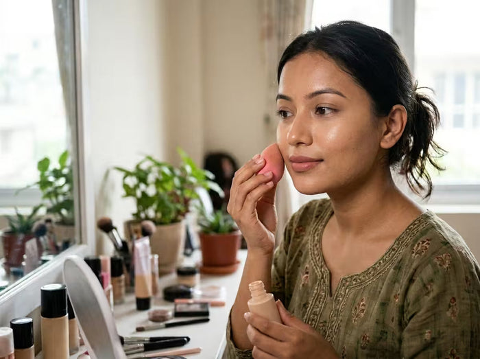 a girl using a beauty blender for makeup infront of a mirro 
