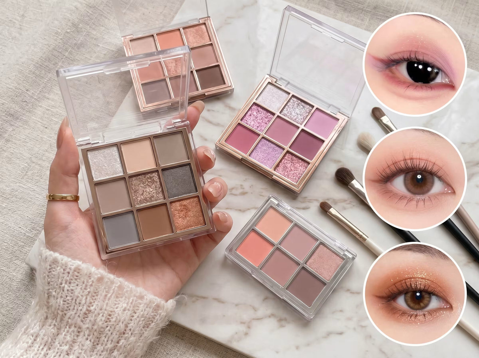 gege bear eyeshadow palette a hand holding and bunch of other eyeshadow visible on the back and eyes showing the pigmentation