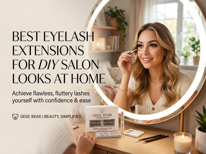 a girls using eyelash extensions while looking at a mirror lookng happy and text written on the side and cluster lashes on the table 