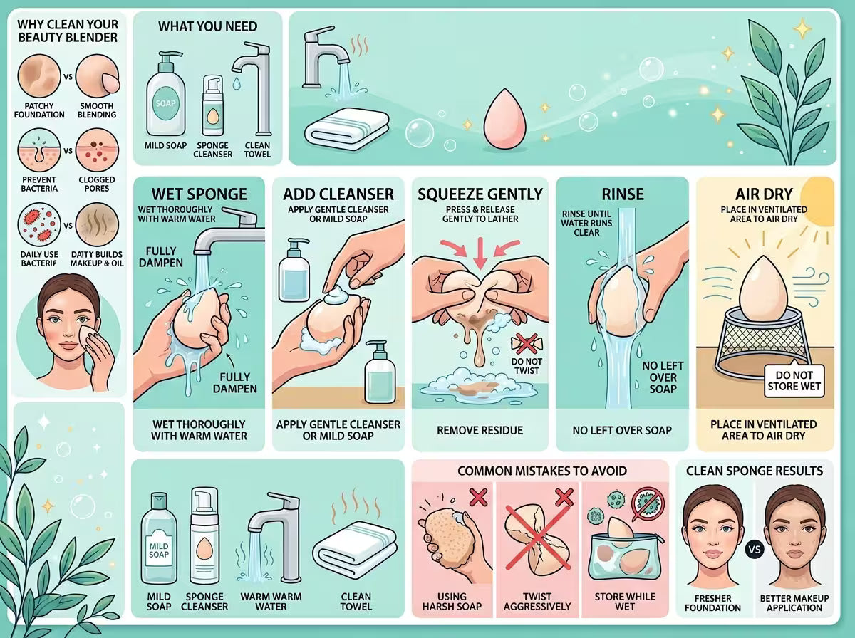 an infographics showing how to properly clean beauty blender 