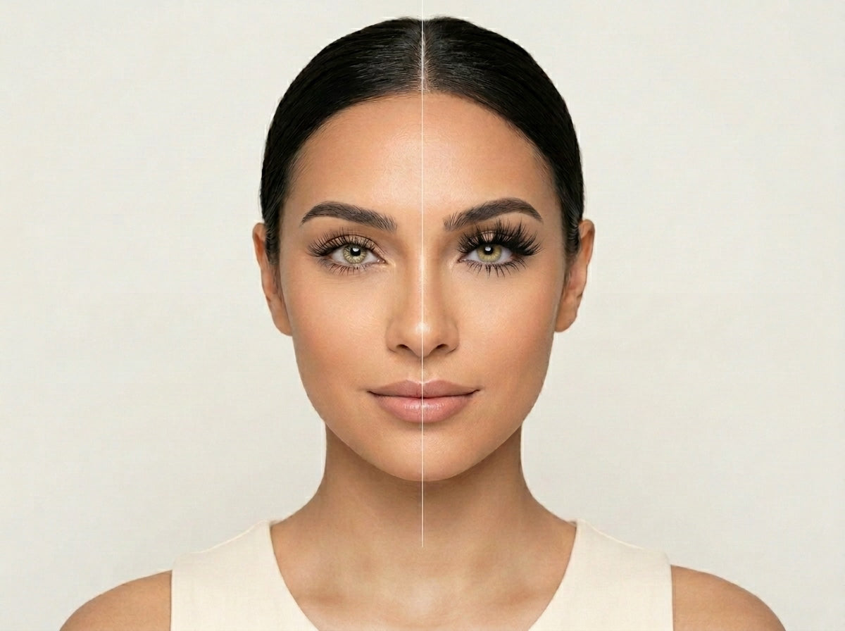 a girl showing wispy vs dramatic eyelashes difference on her eyes on a grey background 