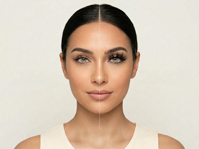 a girl showing wispy vs dramatic eyelashes difference on her eyes on a grey background 