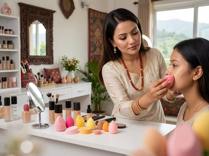 a beautiful married women performing makeup on her client with beauty blender 