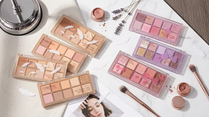 Gege Bear eyeshadow palettes displayed on a clean aesthetic background showing affordable beginner-friendly makeup options in Nepal