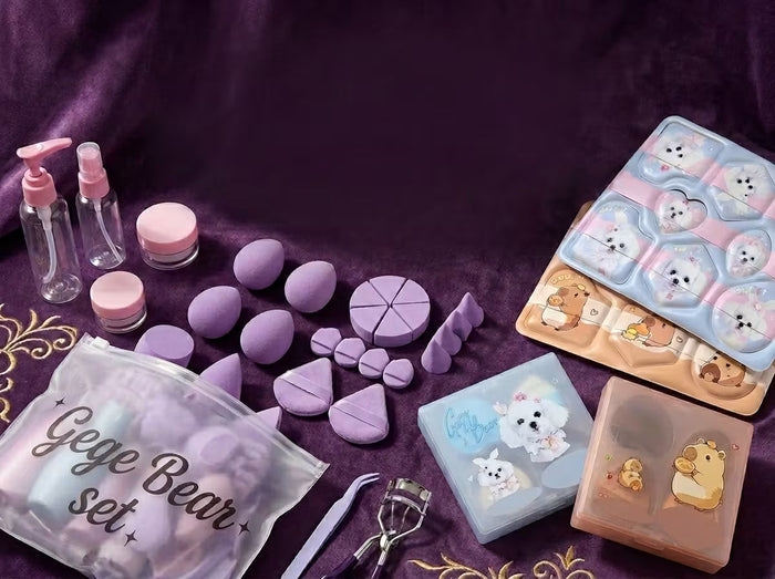 gege bear beauty blender and travel kit on a purple background 