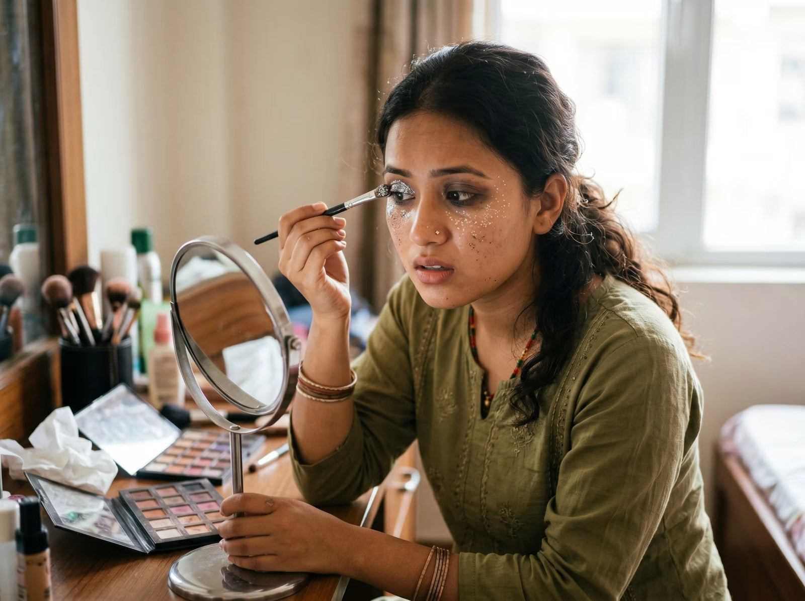 a girl applying eyeshadow on her eyes in very messy way while struggling and looking at the table mirror surrounded by a makeup product 