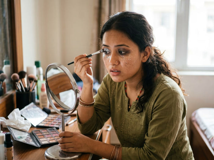 a girl applying eyeshadow on her eyes in very messy way while struggling and looking at the table mirror surrounded by a makeup product 