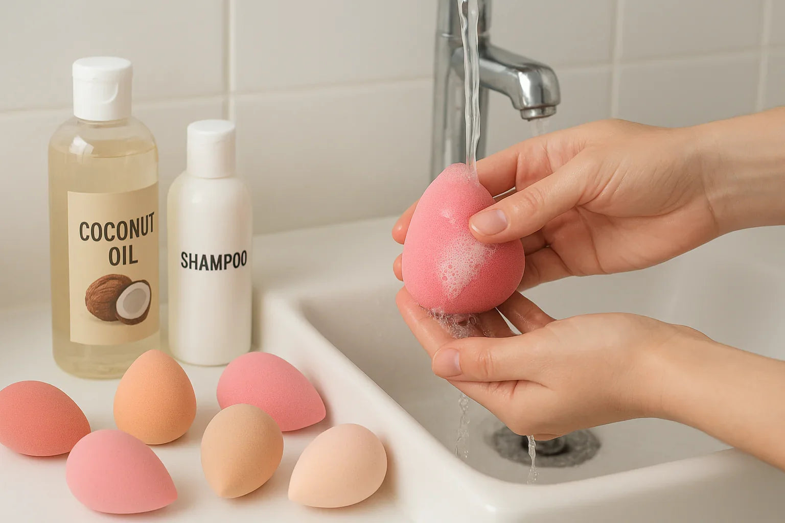 Cleaning beauty blenders at home with warm water, coconut oil and some generic shampoo 