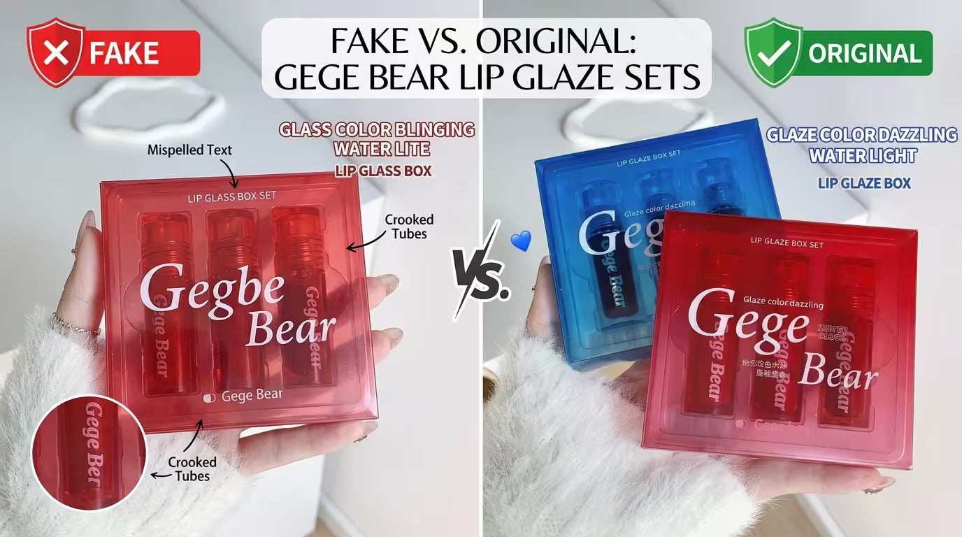 Comparison of original and fake Gege Bear makeup products in Nepal showing packaging and product quality differences
