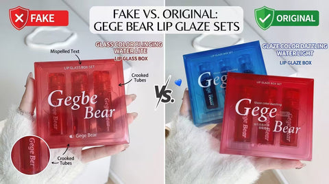 Comparison of original and fake Gege Bear makeup products in Nepal showing packaging and product quality differences