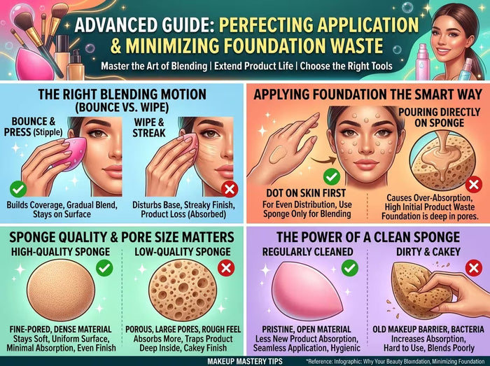 a detailed infographic showing why a blender soak makeup foundation and how to prevent it for best makeup results