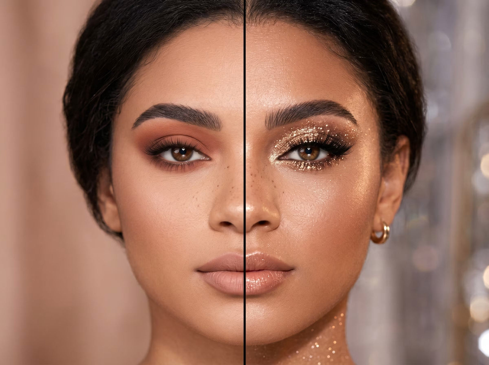 a women showing matte vs glitter eyeshow difference