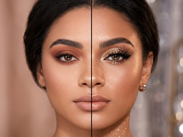 a women showing matte vs glitter eyeshow difference