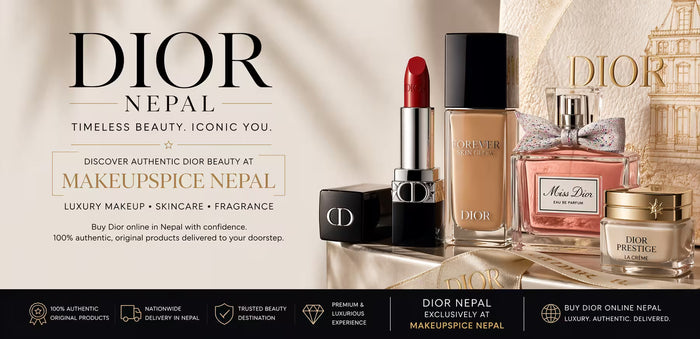 Luxury Dior Nepal banner with lipstick, foundation, perfume and elegant gold-accent design
