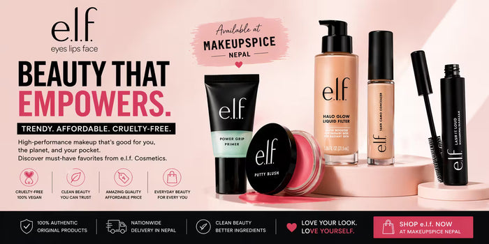 e.l.f Makeupspice Nepal banner with primer, blush, foundation and clean pink modern design