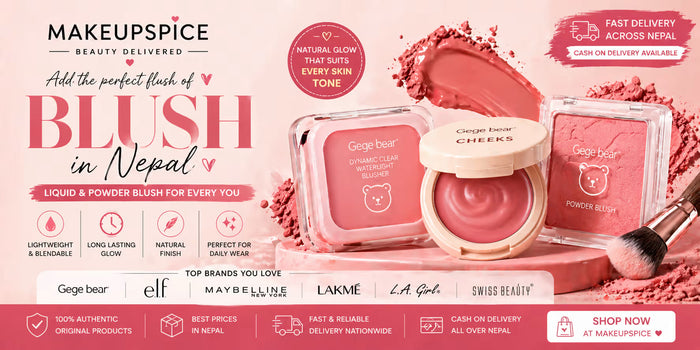 Blush in Nepal banner with Gege Bear blush, powder and liquid, soft pink glow design