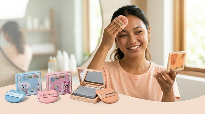 Girl using Gege Bear oil absorbing blotting papers in Nepal for instant face oil control and matte skin finish