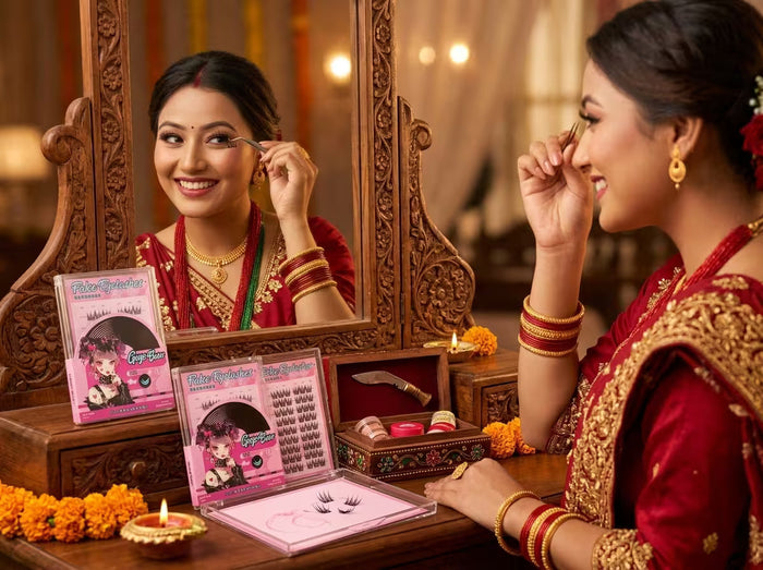 a beautiful nepali bride using gege bear eyelash on her wedding infront of mirror 