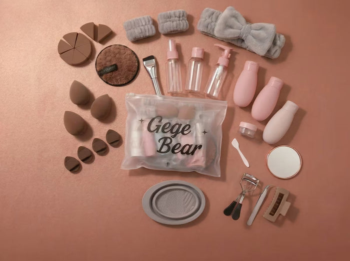 gege bear 38 pieces beauty blender and trave bottles on a brown background best selling in nepal 