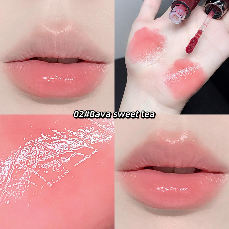 Lip gloss swatch on lips and hand with '02# Bava sweet tea' color name.