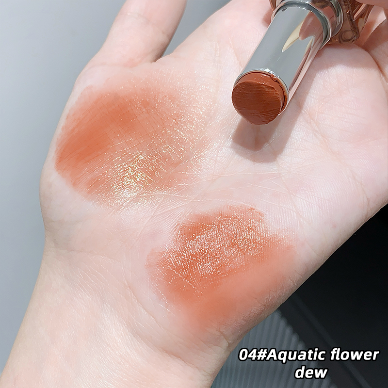 Lipstick swatches on a hand with '04#Aquatic flower dew' label