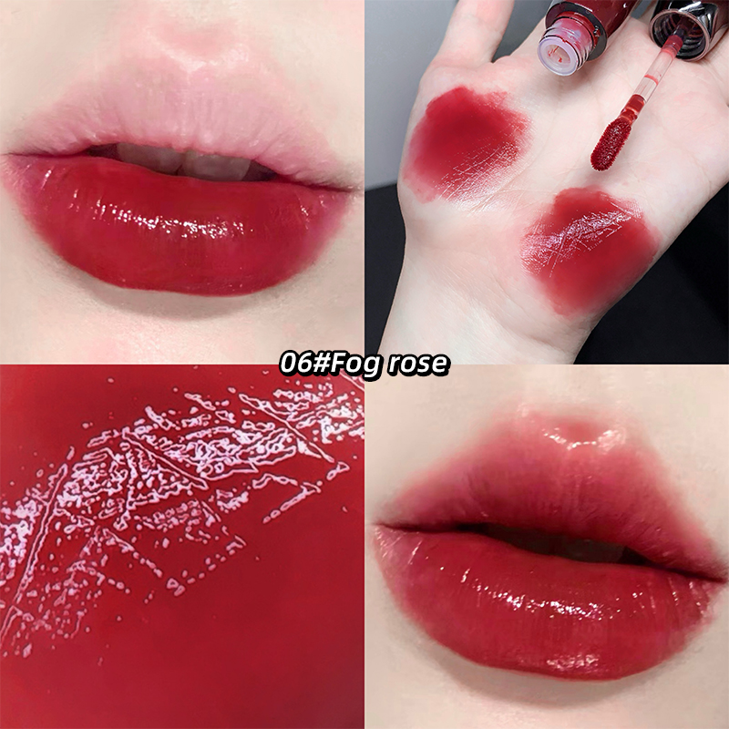 Collage of a red lipstick with close-ups on lips, swatches, and texture.