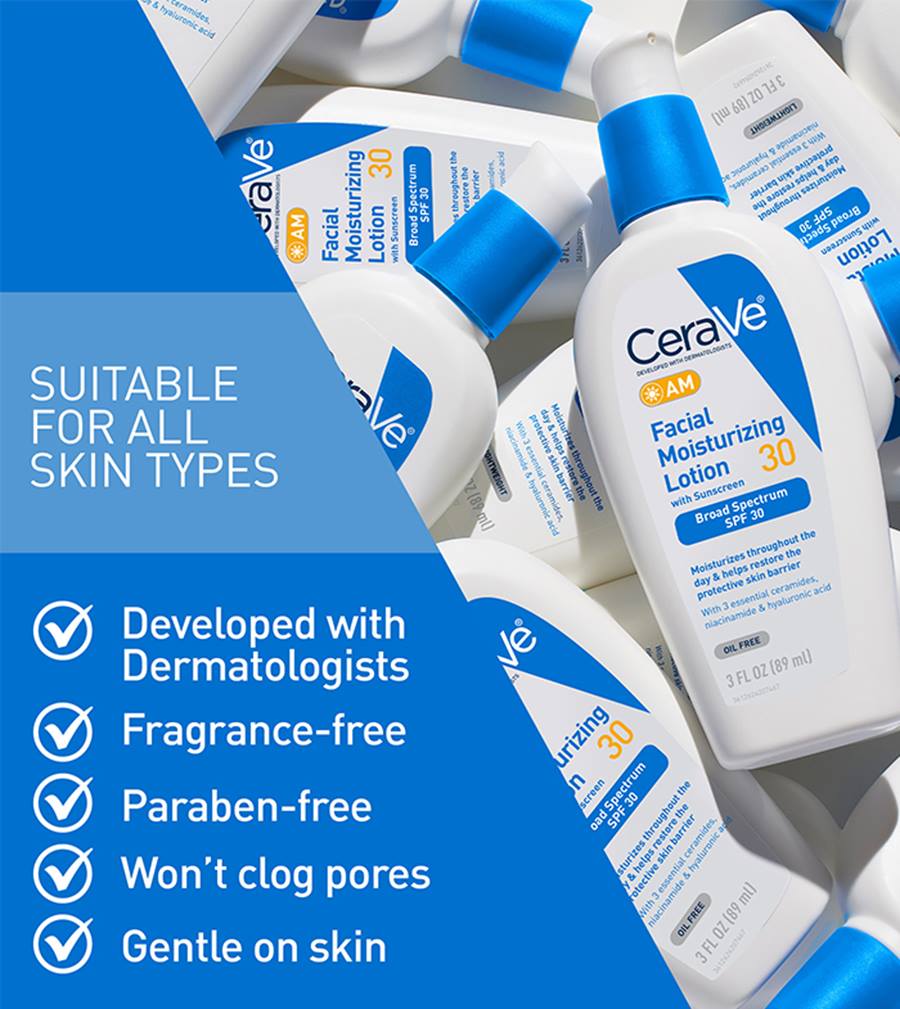 CeraVe AM Facial Moisturizer with broad-spectrum SPF 30 is a morning multitasker that hydrates throughout the day, protects skin by absorbing and reflecting UVA/UVB rays, and helps restore the skin’s protective barrier. Makeupspice Nepal
