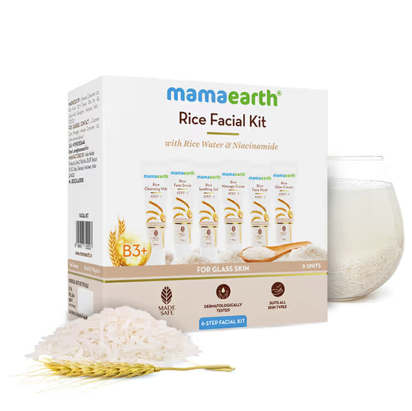 Mamaearth Rice Facial Kit packaging with rice grains and a jar on a white background