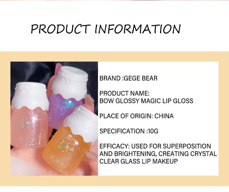 New Fashion Gege Bear Bow Lip Gloss Plump Lips Water-Proof Shining Jelly Oil with Mineral Ingredients