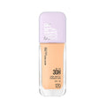 Maybelline Super Stay foundation bottle with beige shade and purple cap on a white background