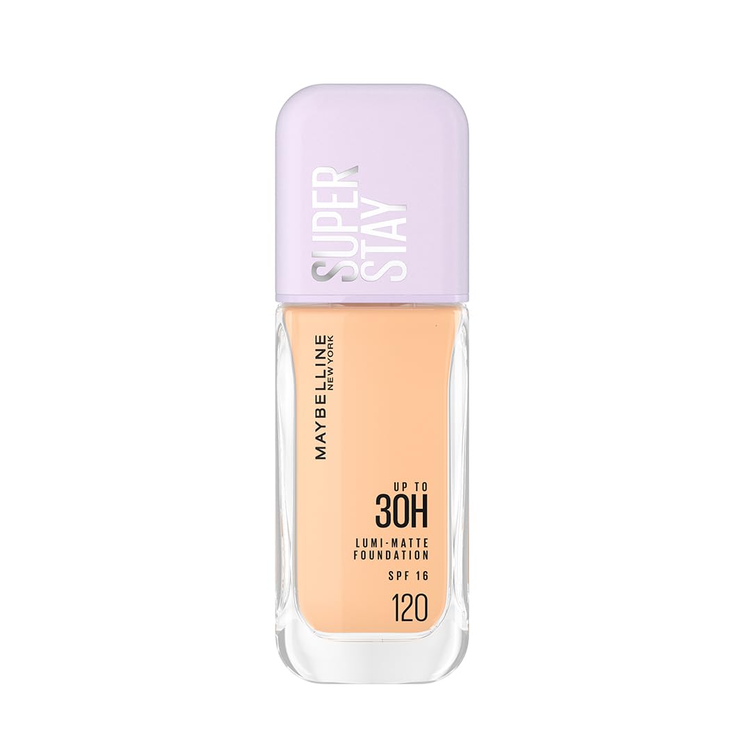 Maybelline Super Stay foundation bottle with beige shade and purple cap on a white background