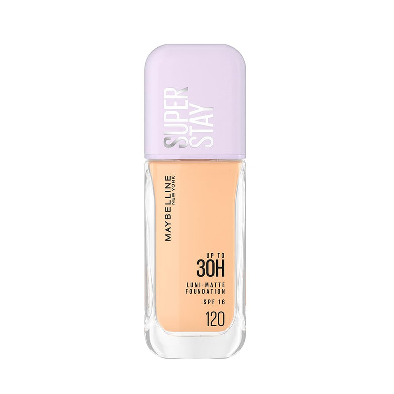 Maybelline Super Stay foundation bottle with beige shade and purple cap on a white background