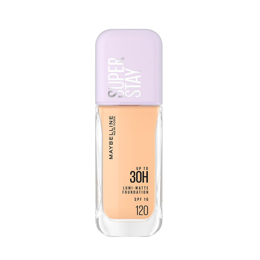 Maybelline Super Stay foundation bottle with beige shade and purple cap on a white background