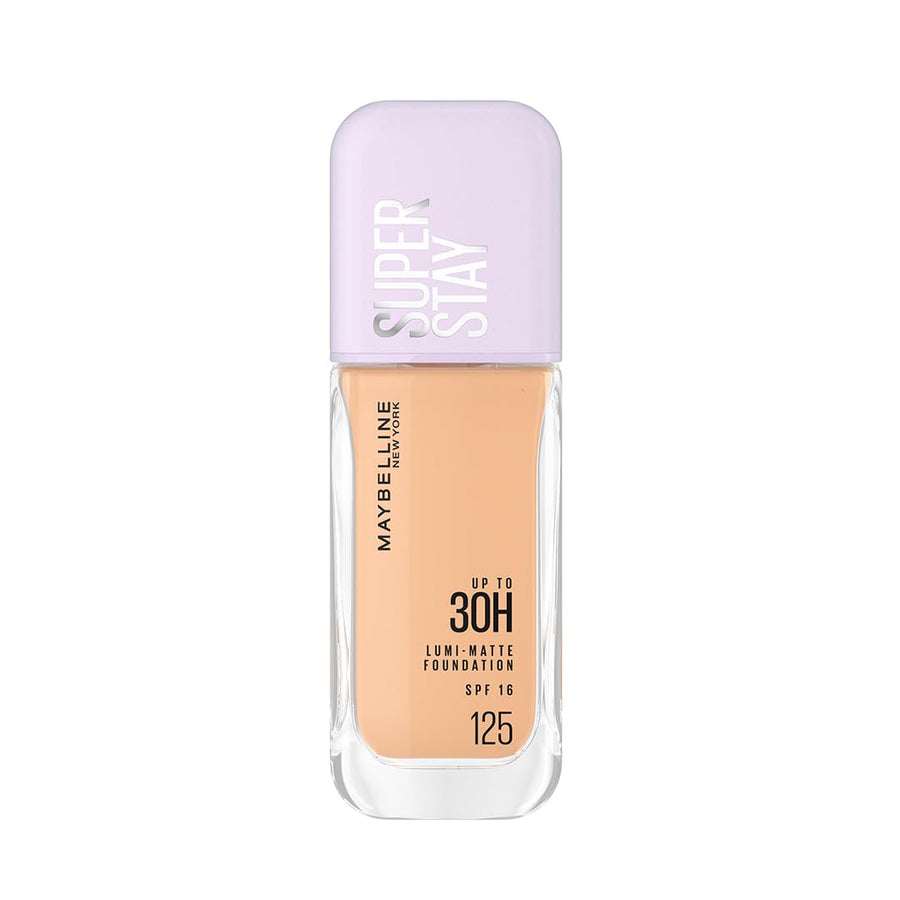 Maybelline Super Stay foundation bottle with purple cap on a white background
