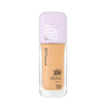 Maybelline Super Stay foundation bottle with beige shade and purple cap on white background