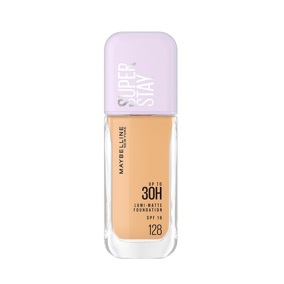 Maybelline Super Stay foundation bottle with beige shade and purple cap on white background
