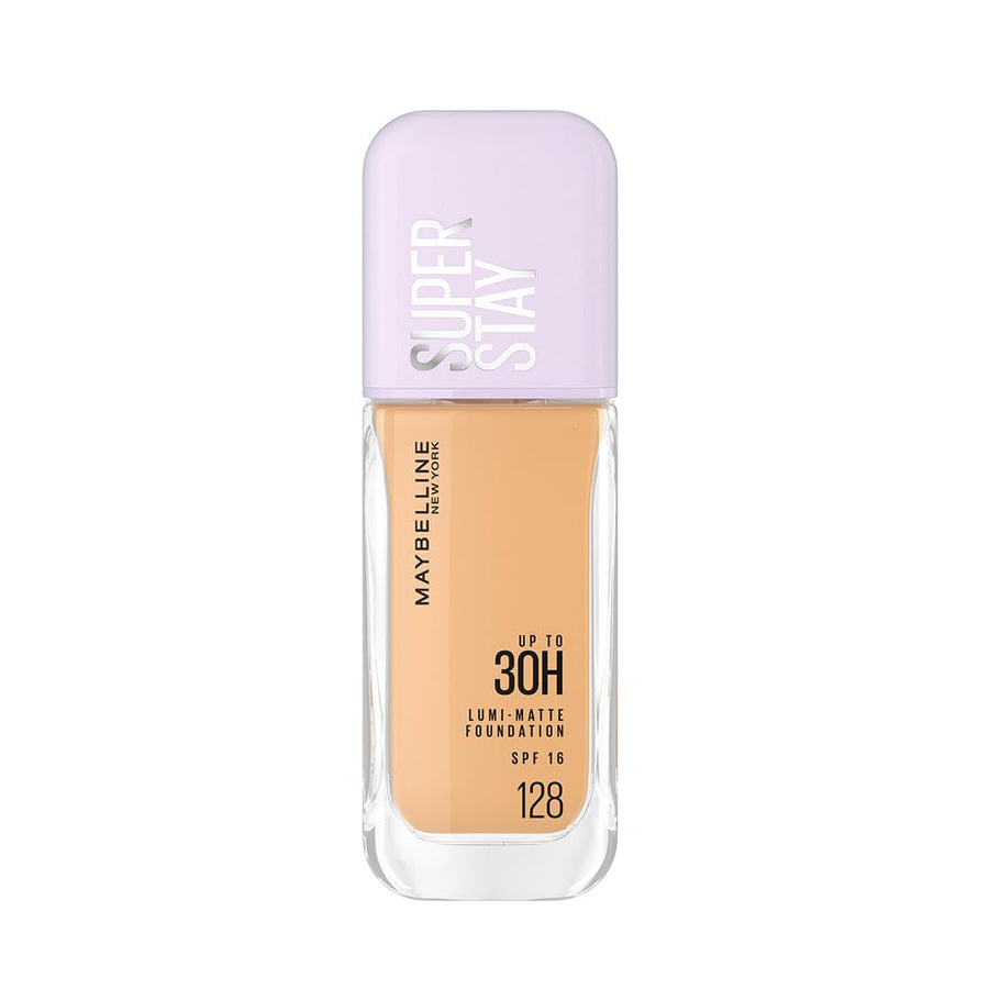 Maybelline Super Stay foundation bottle with beige shade and purple cap on white background