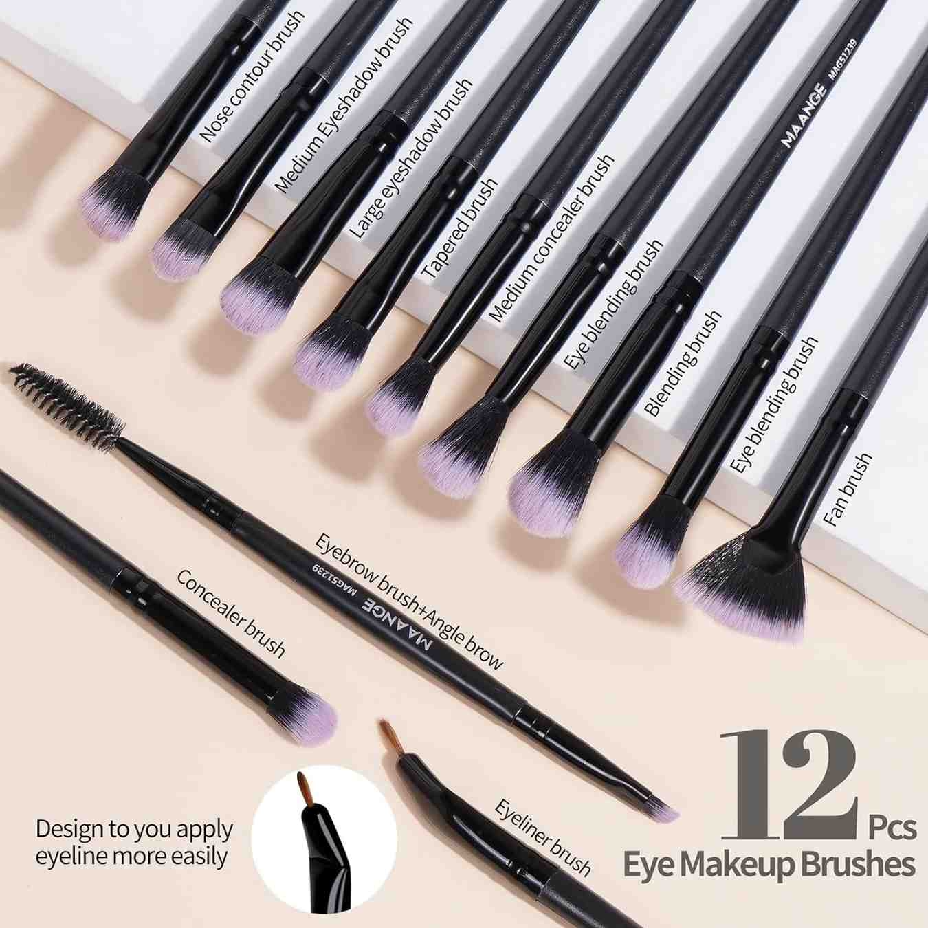 Set of 12 eye makeup brushes with names on a beige background