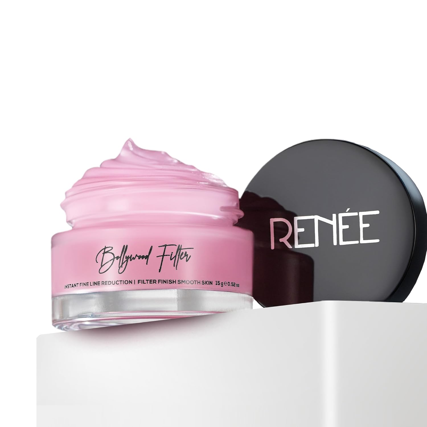 Pink cosmetic jar with 'Bollywood Filter' text and black lid on a white background