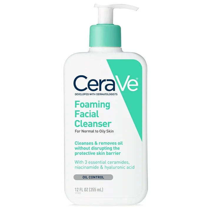 CeraVe Foaming Facial Cleanser bottle for normal to oily skin, featuring a gel-to-foam formula with ceramides, niacinamide, and hyaluronic acid to cleanse without disrupting the skin’s moisture barrier”

“Packaging of CeraVe Foaming Facial Cleanser showing dermatologist-developed formula that removes excess oil and impurities while maintaining the skin’s protective barrier”