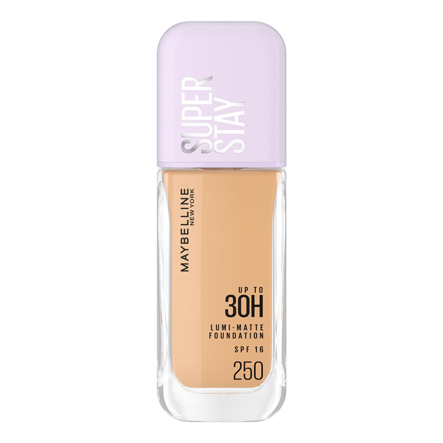 Maybelline Super Stay foundation bottle with purple cap on a white background