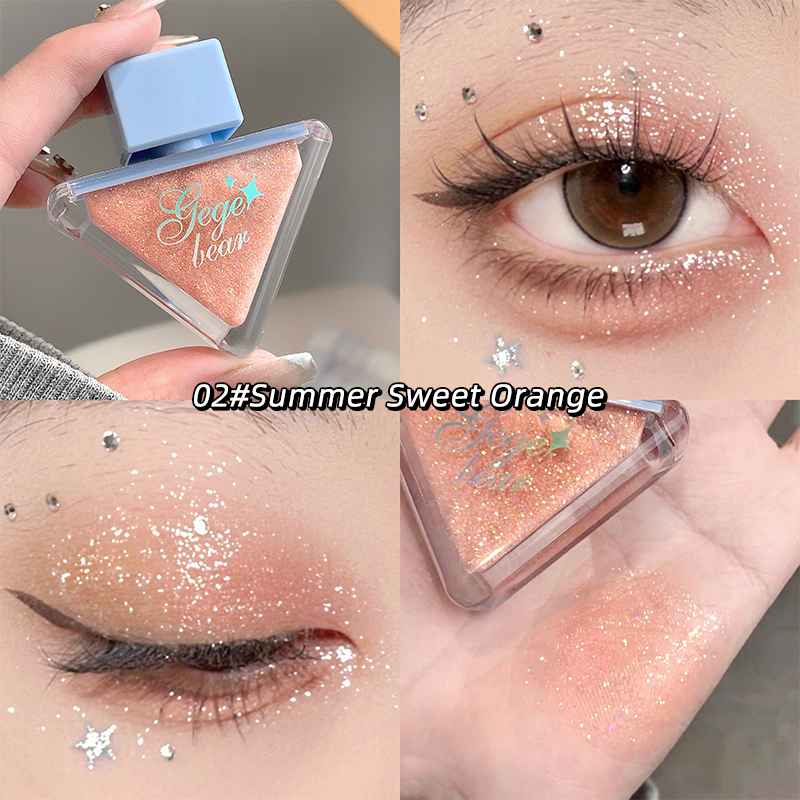 Eyeshadow palette with glittery eye makeup and 'Gege bear' branding.