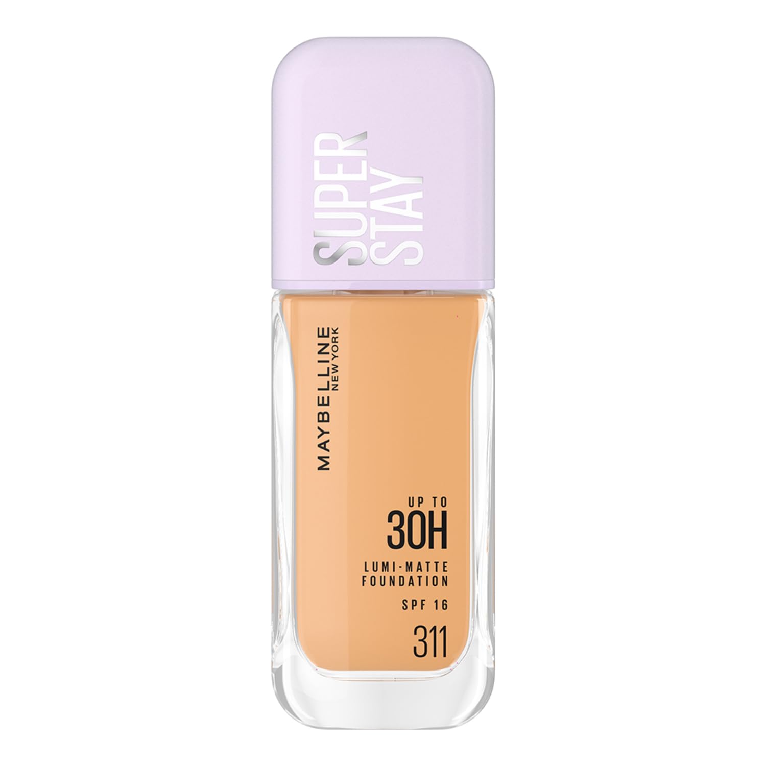 Maybelline Super Stay foundation bottle with purple cap on a white background