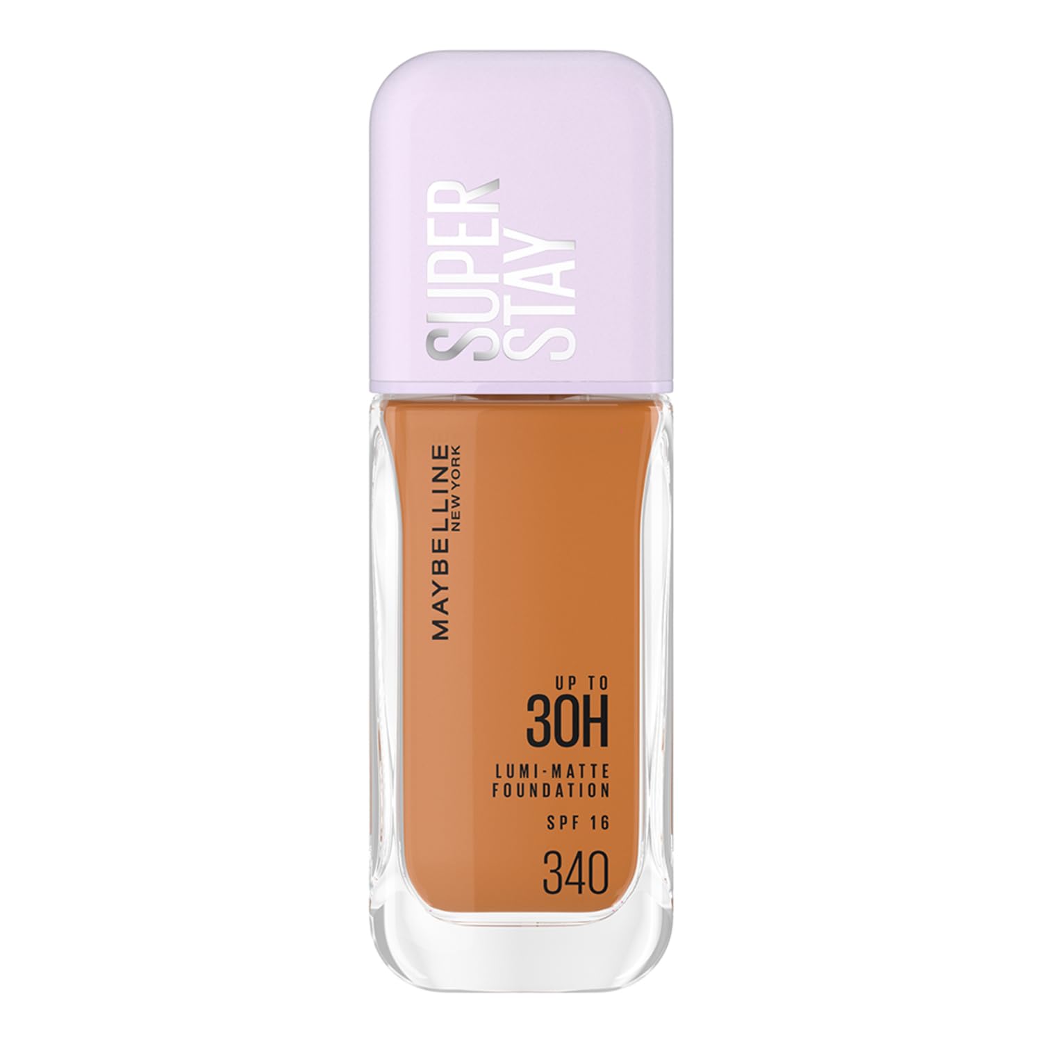 Maybelline Super Stay foundation bottle with purple cap on a white background