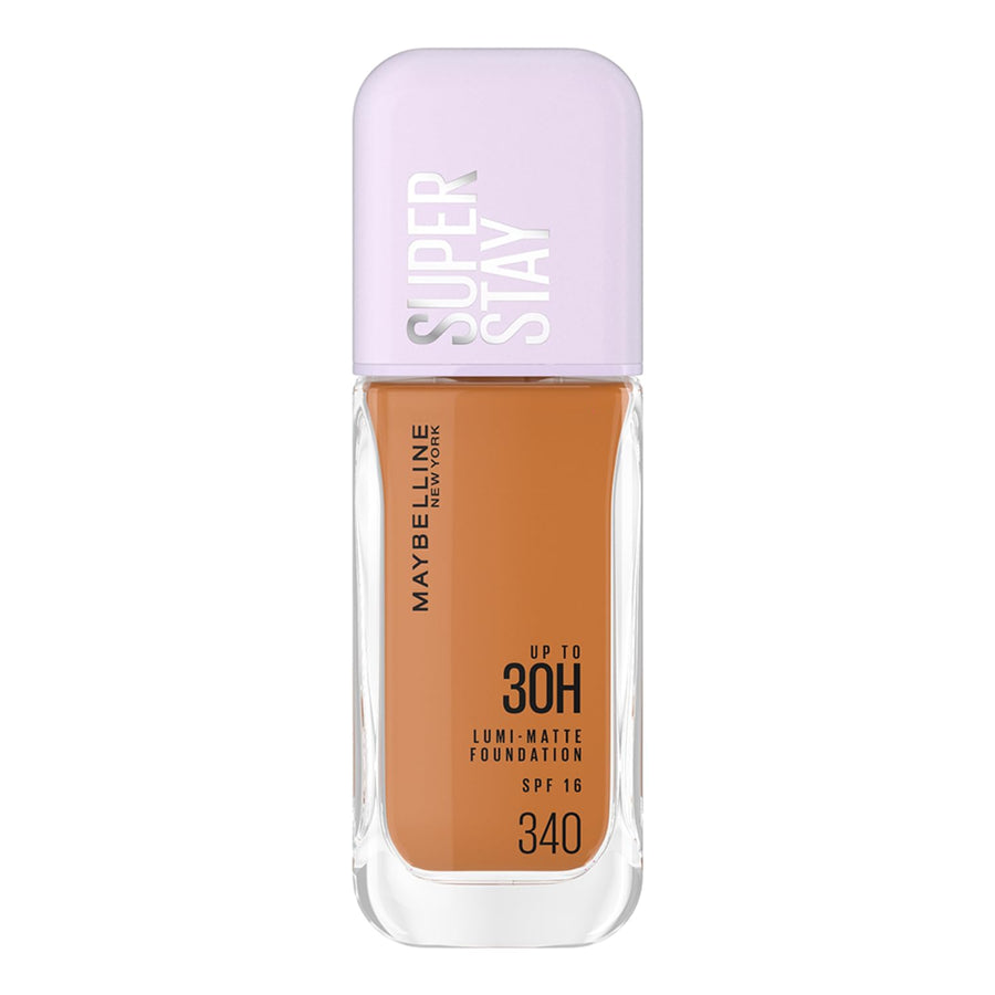 Maybelline Super Stay foundation bottle with purple cap on a white background