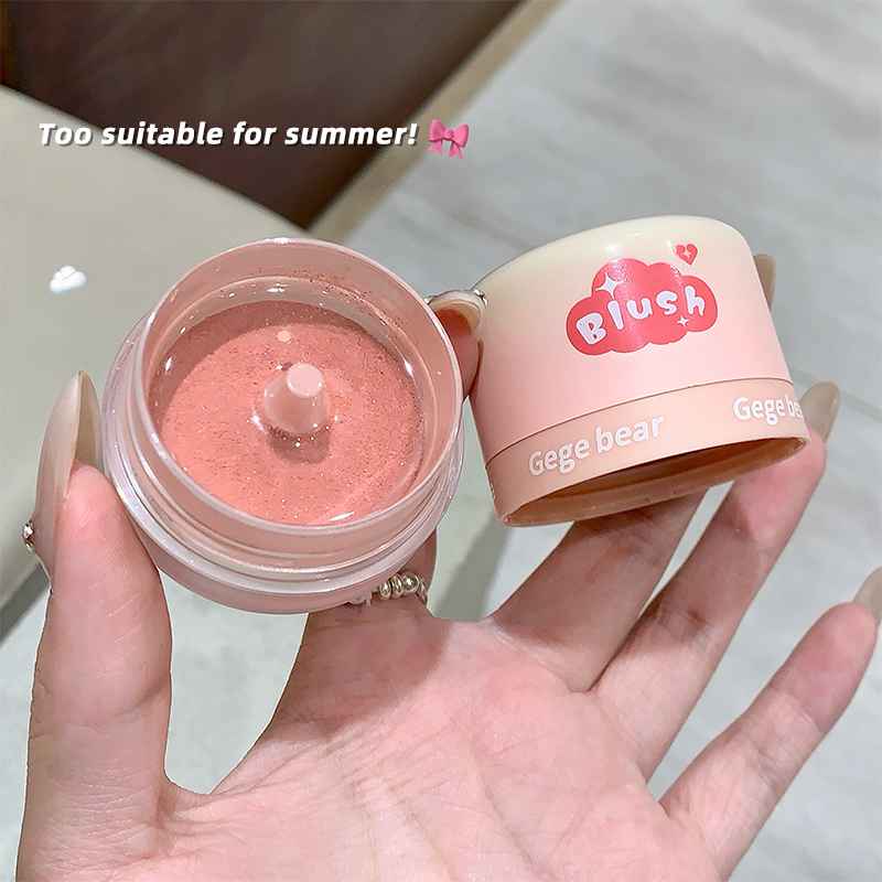 Gege Bear Blush Powder with Mirror and Puff - Waterproof, Full Coverage, Natural Finish, Color Correction for All Skin Tones, Orange/Pink/Red Shade, High Gloss Contouring Lazy Air Cushion Loose Powder