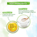Product packaging with rice water, niacinamide, and vitamin B3 highlighted.
