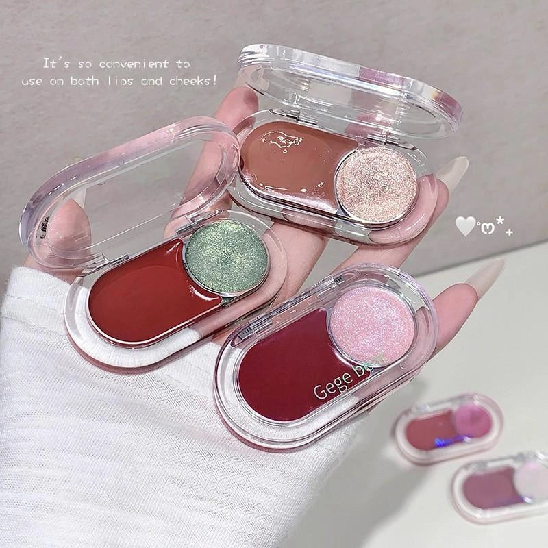 Hand holding three small makeup blush cases with colorful contents on a neutral background.
