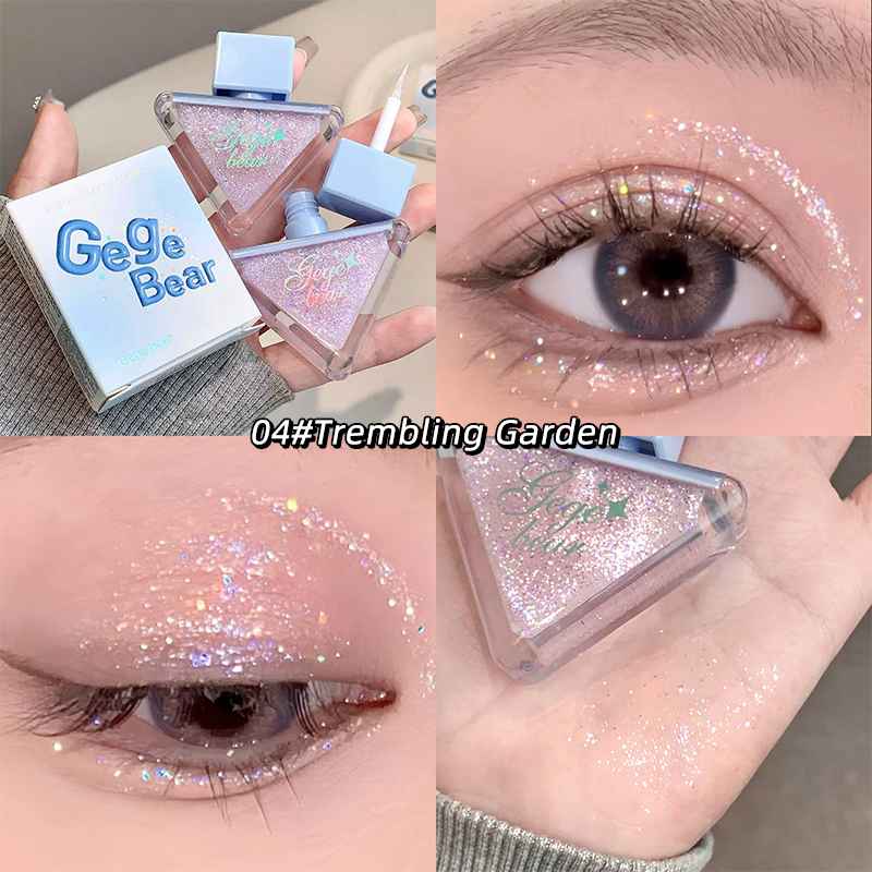Collage of glittery Eyeshadow palette with 'Gege Bear' product packaging.
